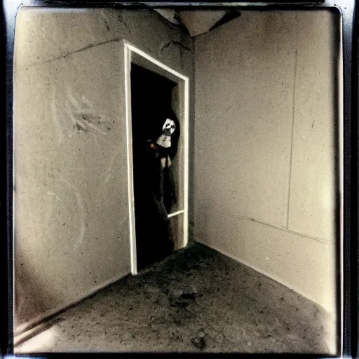 Prompt: a humanoid creature at the bottom of a dark stairwell, dark!, creepy, unsettling, uncanny valley!!!, old polaroid, expired film,