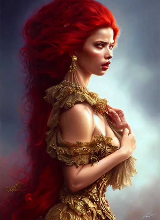 Image similar to a beautiful woman with baroque dress, red hair, gold necklace adorned with sapphires, adriana lima, painted by artgerm and tom bagshaw, fantasy art, dramatic lighting, highly detailed oil painting