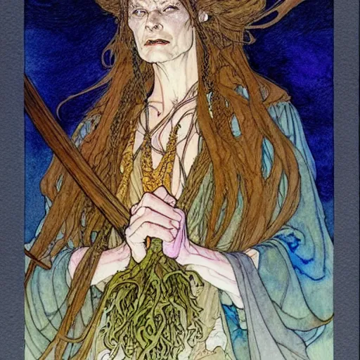 Image similar to a beautiful and very detailed character concept watercolour portrait painting by alan lee, rebecca guay, michael kaluta, charles vess and jean moebius giraud of a sanna marin, the prime minister of finland as a druidic wizard