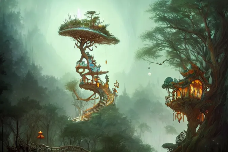 Image similar to treehouse from gaudi in a deep mystical forest , floating chinese lampoons, circular lake, waterfall, tall people walking and discussing, dynamic lighting, art by peter mohrbacher on artstation, night mood