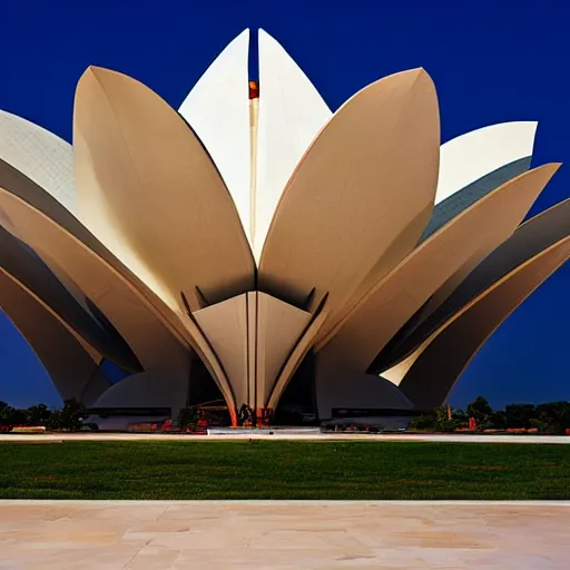 Prompt: futuristic lotus temple space station with gold, red and white marble panels, by santiago calatrava, intricate contemporary architecture, photo journalism, photography, cinematic, national geographic photoshoot