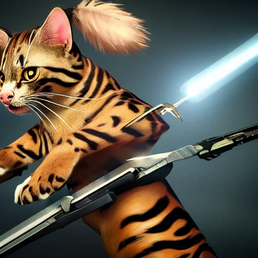 Image similar to a bengal cat with weapons attached, unreal engine, insanely detailed, intricate, elegant, artstation