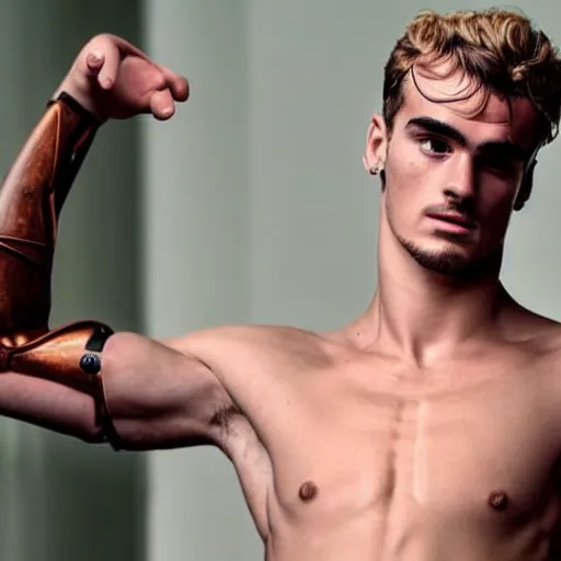 Image similar to a realistic detailed photo of a guy who is an attractive humanoid who is half robot and half humanoid, who is a male android, soccer player antoine griezmann, shiny skin, posing like a statue, blank stare, in a living room, on display, showing off his muscles