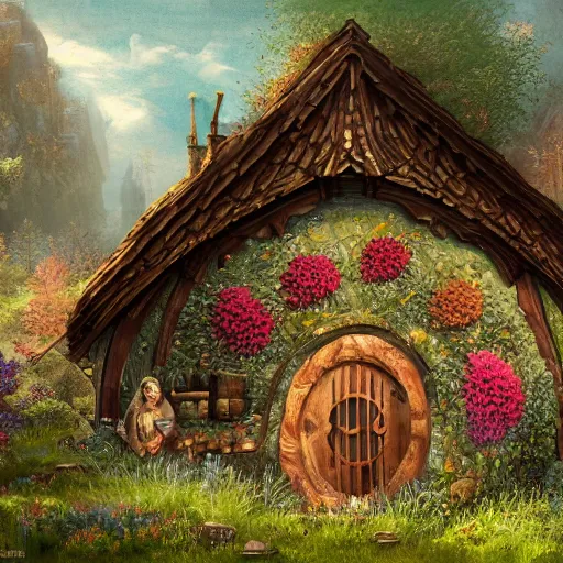 Image similar to a medieval hobbit house made of colorful crystal, ornate, beautiful, atmosphere, vibe, flowers, concept art illustration, color page, 4 k, tone mapping, doll, akihiko yoshida, james jean, andrei riabovitchev, marc simonetti, yoshitaka amano, digital illustration, greg rutowski, volumetric lighting, sunbeams, particles