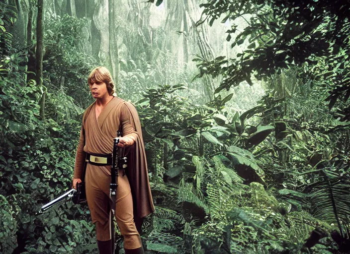 Image similar to luke skywalker protecting the new jedi temple school in the jungle, Photographed with Leica Summilux-M 24 mm lens, ISO 100, f/8, Portra 400