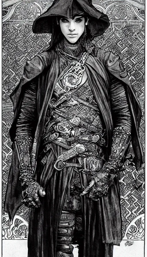 Image similar to a black and white ink fine ink drawing of a thief, from of thrones, in leather armor, fibonacci, sweat drops, intricate fashion clothing, concept art, smooth, sharp focus, portrait, illustration, art by alphonse mucha and travis charest