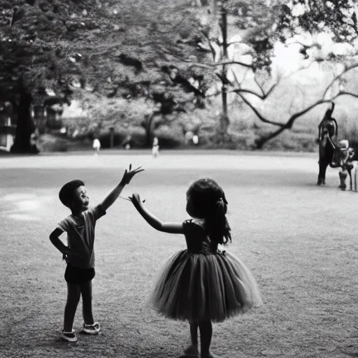 Prompt: The little girl danced in front of the little boy in the park