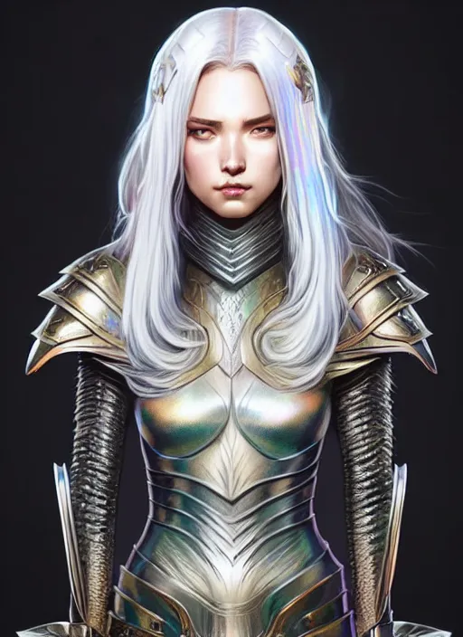 Image similar to iridescent armor!!! long wild white hair!! covered chest!!! fantasy, d & d, intricate ornate details, digital painting, pretty face!!, symmetry, concept art, sharp focus, illustration, art by artgerm! greg rutkowski magali villeneuve wlop! ilya kuvshinov!!, octane render