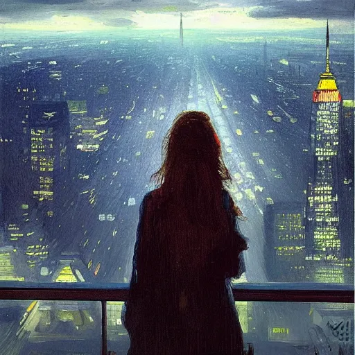 Prompt: “ a girl looking down at a futuristic new york city below, ghostpunk, fog, storm clouds, rain, detailed face, oil painting, by george bellows ”