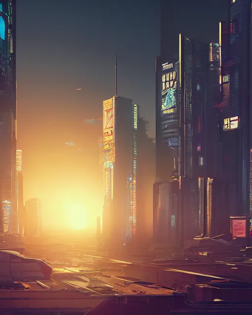Prompt: a skyline at sunrise, cyberpunk style, digital painting, concept art, smooth, sharp focus, hyperrealistic, illustration, artstation trending, octane render, unreal engine, ambient light, dynamic lighting, magical, dark vibes, Cyberpunk 2077
