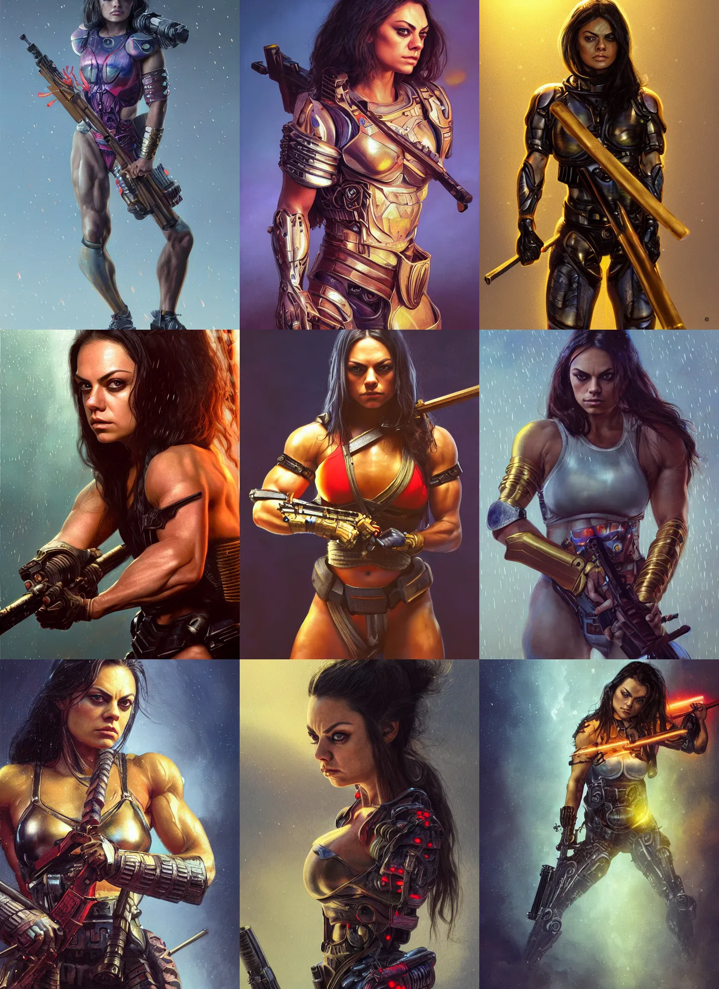 Image similar to bodybuilder mila kunis closeup portrait of a beautiful biblical diabolical samurai girl holding a rifle, cyborg neon armor, foggy fireflies, cinematic studio light, golden hour, gerald brom, mikhail vrubel, peter elson, muted pastel colors, extreme detail, light rain, trending on artstation, 8 k