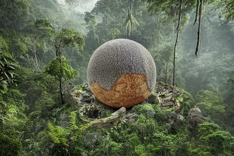 Image similar to photograph of a gigantic paleolothic sphere made of stone with highly detailed carvings of intricate shamanic robotic electronics and circuits, in a rain forest, inside a valley overlooking the amazon, by michal karcz, amazonian vista