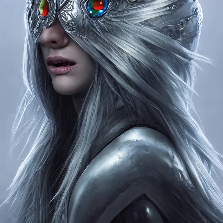 Image similar to portrait anthropomorphic candy gumdrop character with brilliant silver flowing hair and a brilliant jeweled silver helm, beautiful white glowing eyes, wideshot ultrawide angle epic scale, hybrid from The Elden Ring and art direction by Darius Zawadzki ;by artgerm; wayne reynolds art station; cinematic quality character render; low angle; ultra high quality model; production quality cinema model;