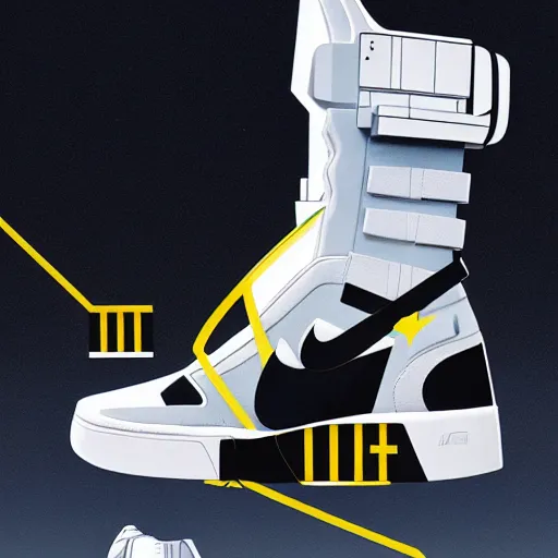 Image similar to retro futuristic Nike Air Mag x Off-white sneakers by syd mead, matte painting, geometric shapes