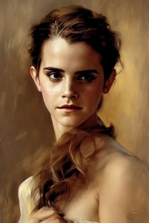 Image similar to emma watson detailed portrait painting by gaston bussiere craig mullins j. c. leyendecker richard avedon