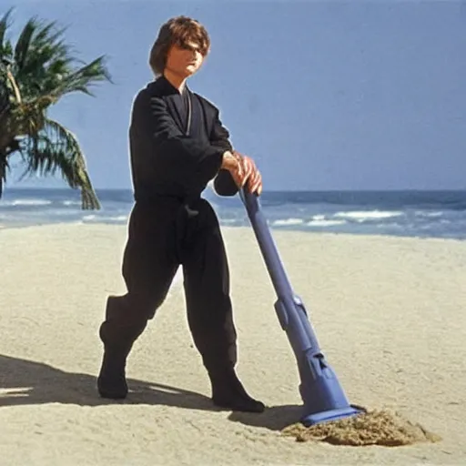 Prompt: Anakin Skywalker vacuuming the beach to remove sand, highly realistic