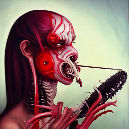 Prompt: a realistic painting by Raffaello Sanzi depicting the Kuchisake-onna with the head of the symbiotic Xenomorph in the Renaissance,smooth,Sharp focus, trending on Artstation.