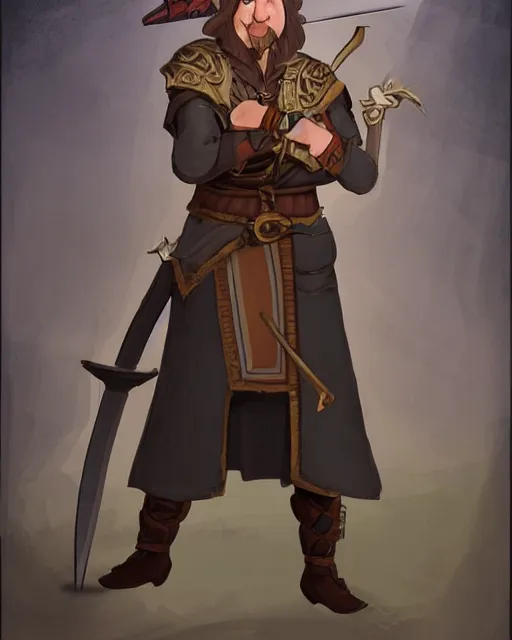 Image similar to a concept art of a D&D character, holding a small sword made by Donutello, white background