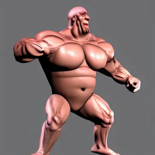 Image similar to extremely muscular bald man, small legs, exaggerated arms, 3 d model, gladiator, small head, cell shaded, cartoon shading