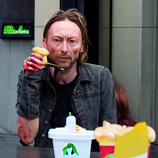 Prompt: thom yorke as a zombie eating people at mcdonalds in london