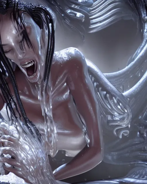 Image similar to cinematic still of kim kardashian being mouth fed by an xenomorph in a transparent alien liquid, wet flowing hair, gooey skin, illustration, unreal engine 5, 8 k, directed by h. r. giger.