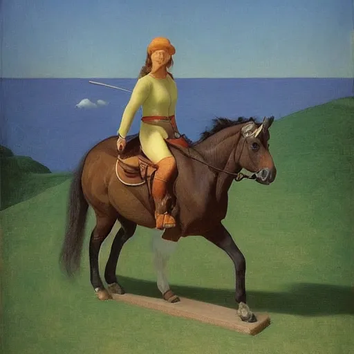 Prompt: a horse-riding-adventure by Raphael, Hopper, and Rene Magritte. detailed, romantic, enchanting, trending on artstation.