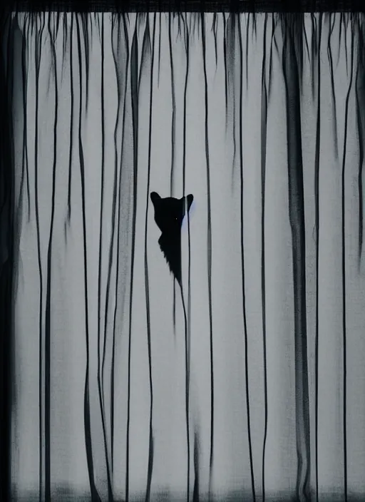 Image similar to a cat silhouette behind a transparent window curtain