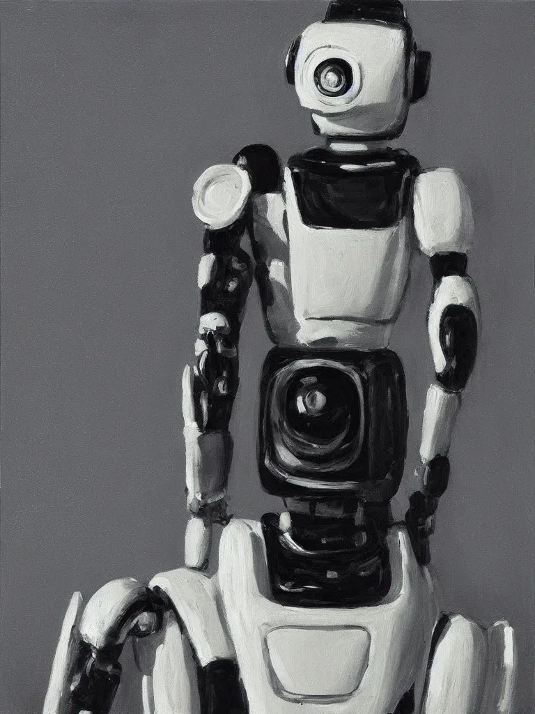 Prompt: “A perfectly centered beautiful black and white portrait oil painting of a retro-futuristic robot in Los Angeles”