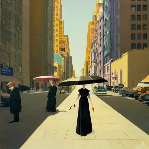 Image similar to a tall and beautiful pale woman with very black hair with a crown on her head walk in the streets of new york circa 1 9 8 4 edward hopper and james gilleard, surreal, open ceiling, highly detailed, airbrush, ilya kuvshinov, wlop, stanley artgerm, very coherent, art by takato yamamoto and james jean