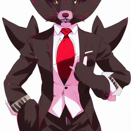 Image similar to key anime visual professional art of a close shot of an anthropomorphic black male fox anthro fursona, wearing a pomegrante colored business suit, handsome male eyes, anime office interior, official anime still