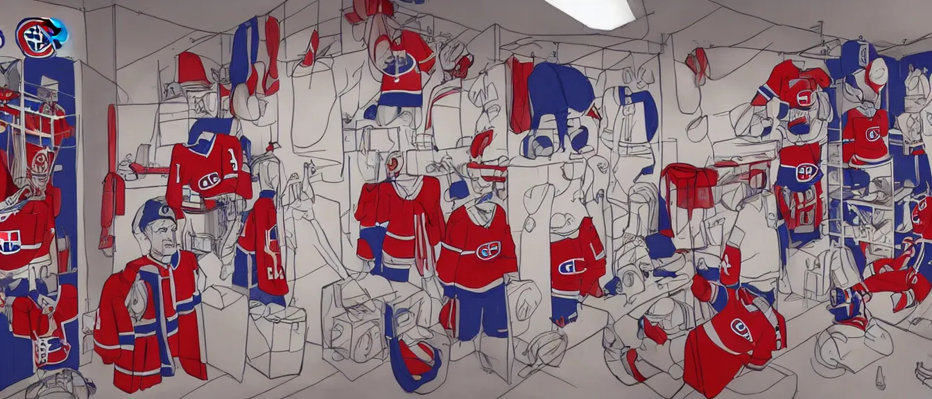 Image similar to montreal canadiens habs centre bell hockey dressing room, style of studio ghibli + moebius + basquiat, cute, detailed,