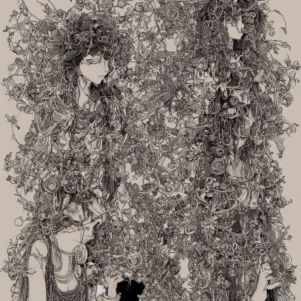 Image similar to goddess of the fields wearing a VR headset a necklace made out of bones holding a playstation controller in one hand and a knife in the other, in the style of James Jean and Hiroya Oku, manga, extremely detailed, ambient lighting, intricate penwork, beautiful, epic, 8k, 3d render