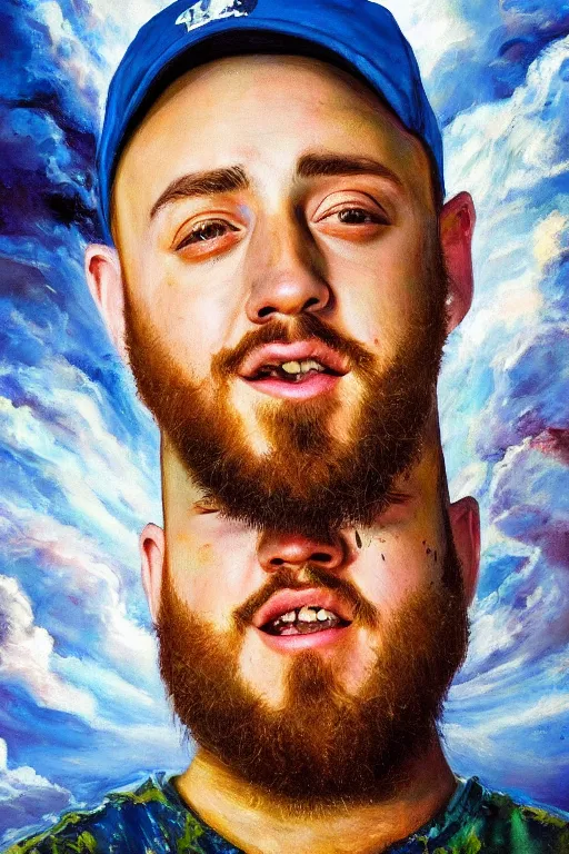 Prompt: Oil painting of Mac Miller, Diablo, Most Dope, Blue Slide Park, Pittsburg, RIP, heavy brushstrokes, Rembrandt Lighting, Portrait, Heavenly, Divinity, beams of golden light, Hope, Ethereal, Symmetrical face, ladders, faces, angelic, intricate details, 4k detail post processing, hyperrealistic, ultra detailed, cinematic, by Rembrandt