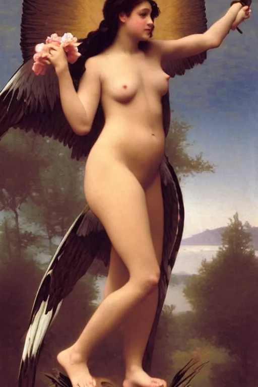 Image similar to rihanna as bbw angel in a romantic painting by william adolphe bouguereau, photorealistic, sharp and ultradetailed