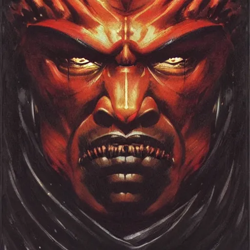 Image similar to head and shoulders portrait of a black samurai fire giant, d & d, fantasy, greg rutkowski, frank frazetta, alexandre chaudret, boris vallejo, michael whelan, miro petrov, hr giger, magali villeneuve, donato giancola