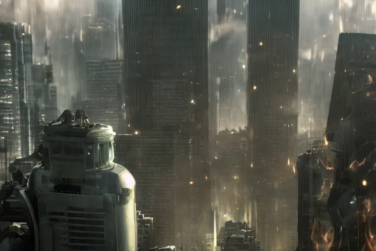 Prompt: VFX movie portrait closeup powerful DC vs. Marvel hero space marine natural skin, natural evening light in the city exploding skyscrapers war zone by Emmanuel Lubezki