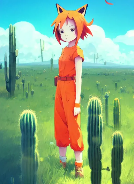 Image similar to portrait of cute redhead girl in orange jumpsuit with fox ears, holding a cactus, cloudy sky background lush landscape illustration concept art anime key visual trending pixiv fanbox by wlop and greg rutkowski and makoto shinkai and studio ghibli