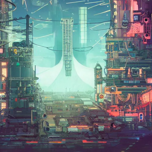 Prompt: a giant robot corpse repurposed to house a booming city in its hull, set in the distant future, steampunk, cyberpunk, warm lights, anime, vhs distortion