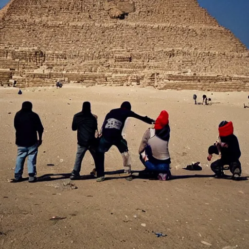 Prompt: gopniks vandalizing the pyramids