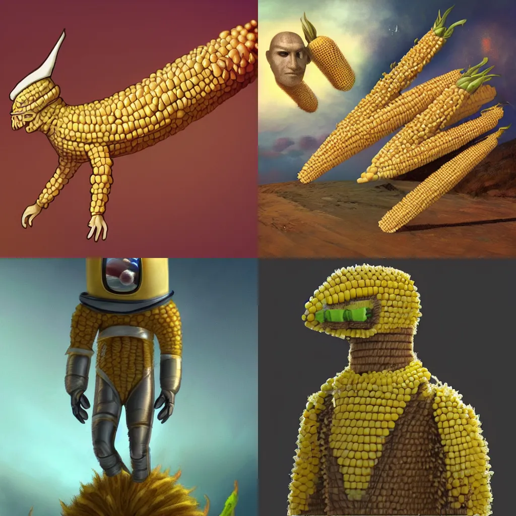 Prompt: cornsmonaut, a spacefaring race of corn cobs, trending on artstation