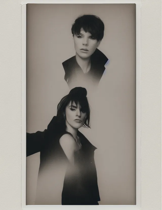 Image similar to polaroid photo with flash, portrait of a woman in oversize blazer, polaroid photo bleached strong lights, kodak film stock, hyper real, stunning moody cinematography, with anamorphic lenses, by maripol, detailed