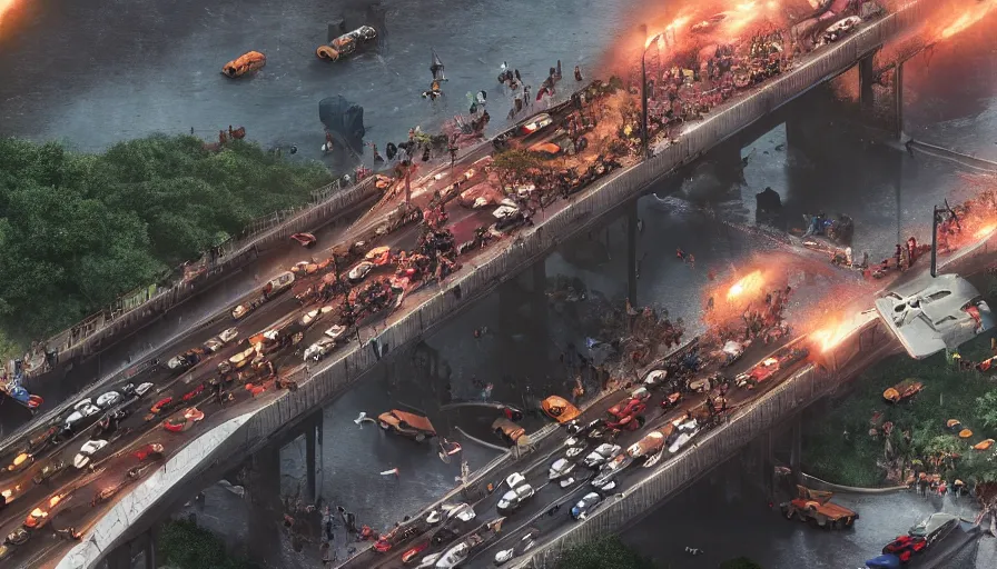 Image similar to bridge collapsed with people and cars on it, movie scene, various artists, explosion, hyperdetailed, artstation, cgsociety, 8 k