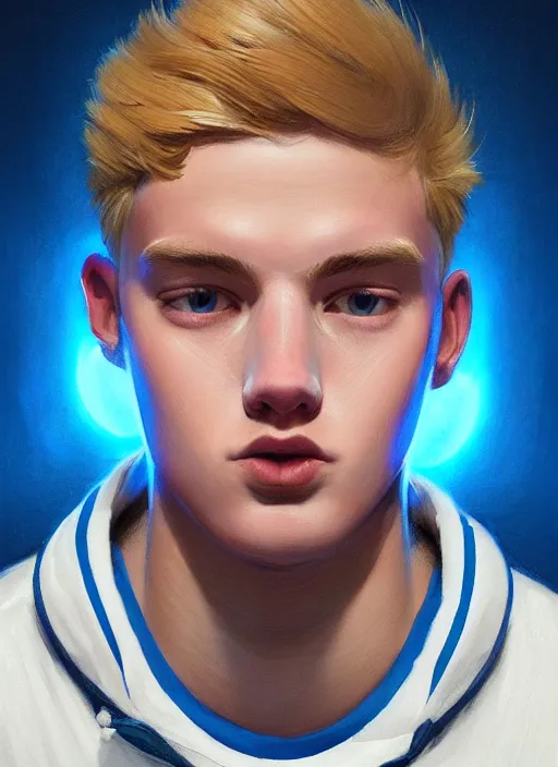 Image similar to portrait of high school senior boy named big moose, blonde short hair, jock, beefy, wide face, square jaw, square facial structure, blue varsity jacket with letter r, intricate, elegant, glowing lights, highly detailed, digital painting, artstation, concept art, sharp focus, illustration, art by wlop, mars ravelo and greg rutkowski