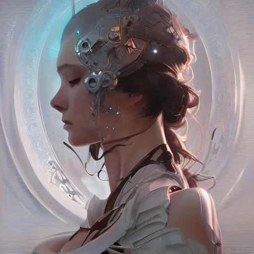 Image similar to ultra realistic illustration, manic robot girl, intricate, elegant, highly detailed, digital painting, artstation, concept art, smooth, sharp focus, illustration, award winning, art by artgerm and greg rutkowski and alphonse mucha