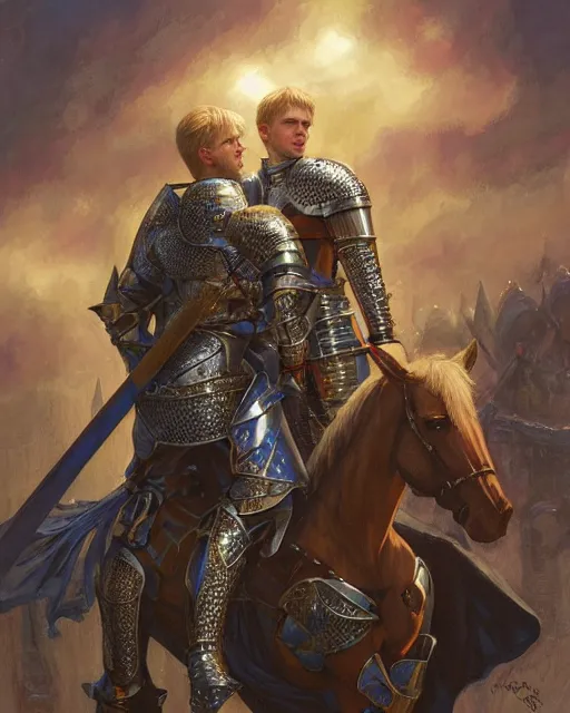 Image similar to attractive arthur pendragon confesses his love for his attractive male knight, highly detailed, very intricate, cinematic lighting, by donato giancola and rossdraws and magali villenueve, featured on artstation