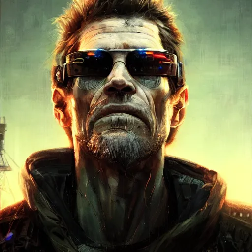 Image similar to closeup portrait of william dafoe, cyberpunk, shaggy ex military guy, city background, dramatic light, gorgeous view, depth, high detail, digital art, painted by greg rutkowski and seb mckinnon, neuromancer, trending on artstation