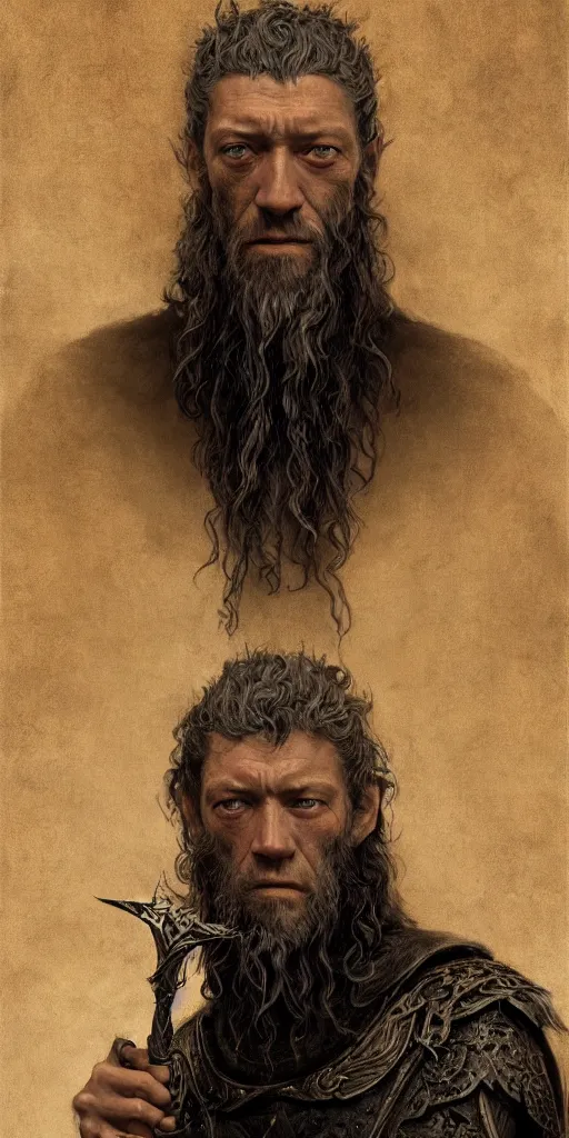 Prompt: vincent cassel, long beard, dungeons and dragons, beggar, fame of thrones masterpiece by edgar maxence and ross tran and michael whelan, gustav dore, 8 k, octane render