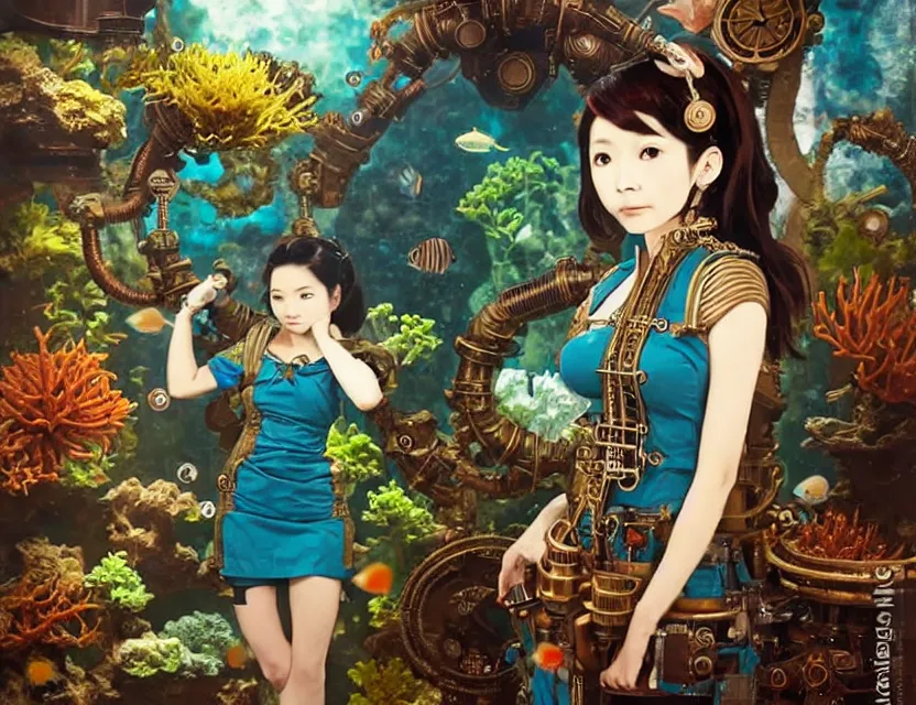 Image similar to southeast asian scifi alchemist in an aquascaped aquarium, wearing a lovely dress with steampunk details. this oil painting by the award - winning mangaka has an interesting color scheme and impeccable lighting.