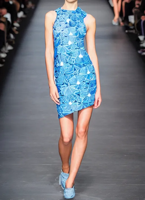 Image similar to full shot of beautiful model on runway wearing a blue roses dress in the style of issey miyake