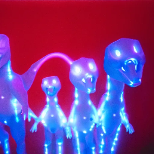 Image similar to electric blue scaled glowing baby dinosaurs in tron movie, cinestill